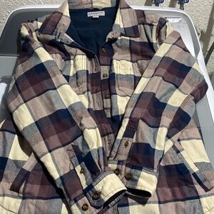 Large navy blue and Burgundy plaid shirt jacket